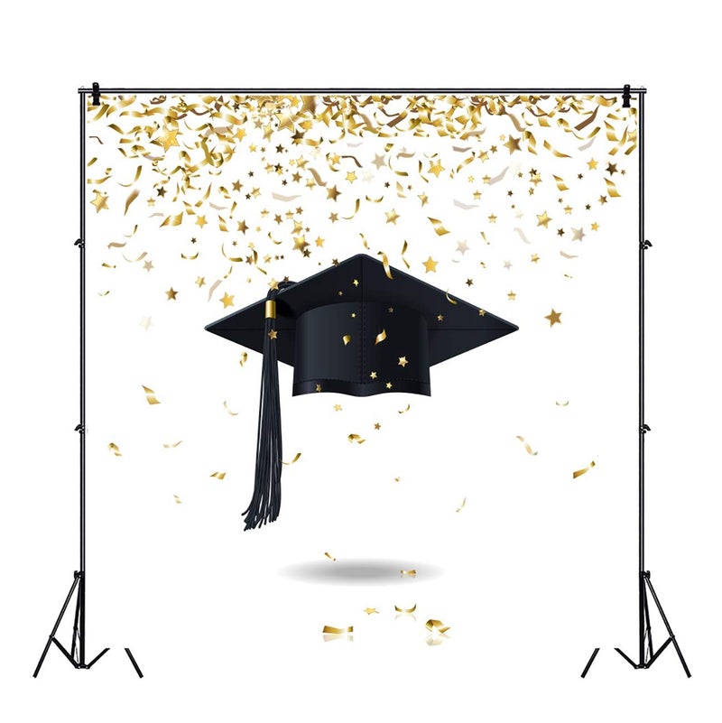 AOFOTO 8x8ft Graduation Backdrop Class of 2025 Senior Year Golden Confetti Black Mortarboard Graduates Trencher Cap Background Graduate Photo Prom Party Decoration Grads Ceremonry Photo Studio Props - Image 3